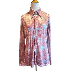 Vintage Mushroom print shirt 70s vintage mens unisex long sleeve button up top